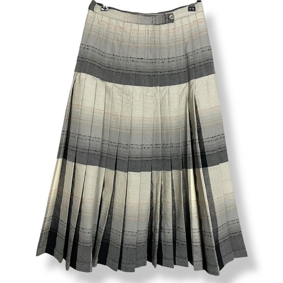 Vintage Pleated Skirt Reversible Wool Gray‎ Black Cream Women 70s 80s Stripes - Picture 4 of 16